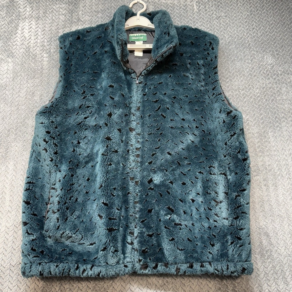 Vintage 90s Coldwater Creek Womens XL Faux Fur Vest Teal Black Made In Canada